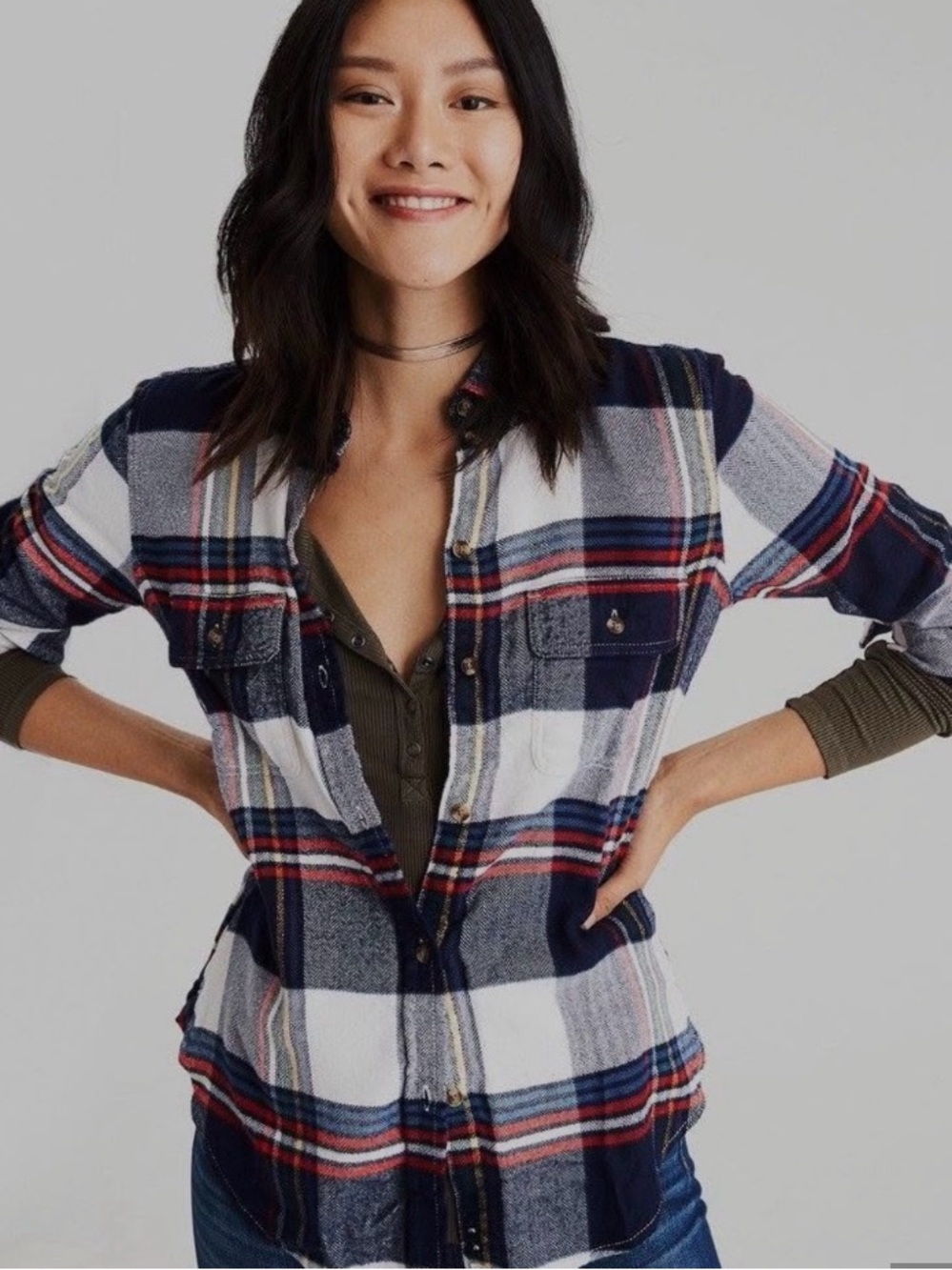 🌸American Eagle Outfitters Navy, White & Red Plaid Button-Down Shirt
